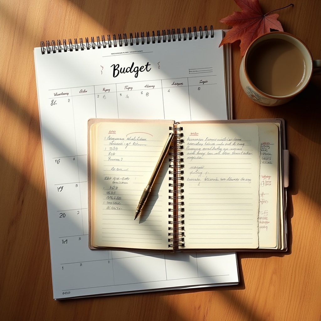 Open budget notebook overlapping with a weekly wall calendar, both on a warm oak desk with natural window light