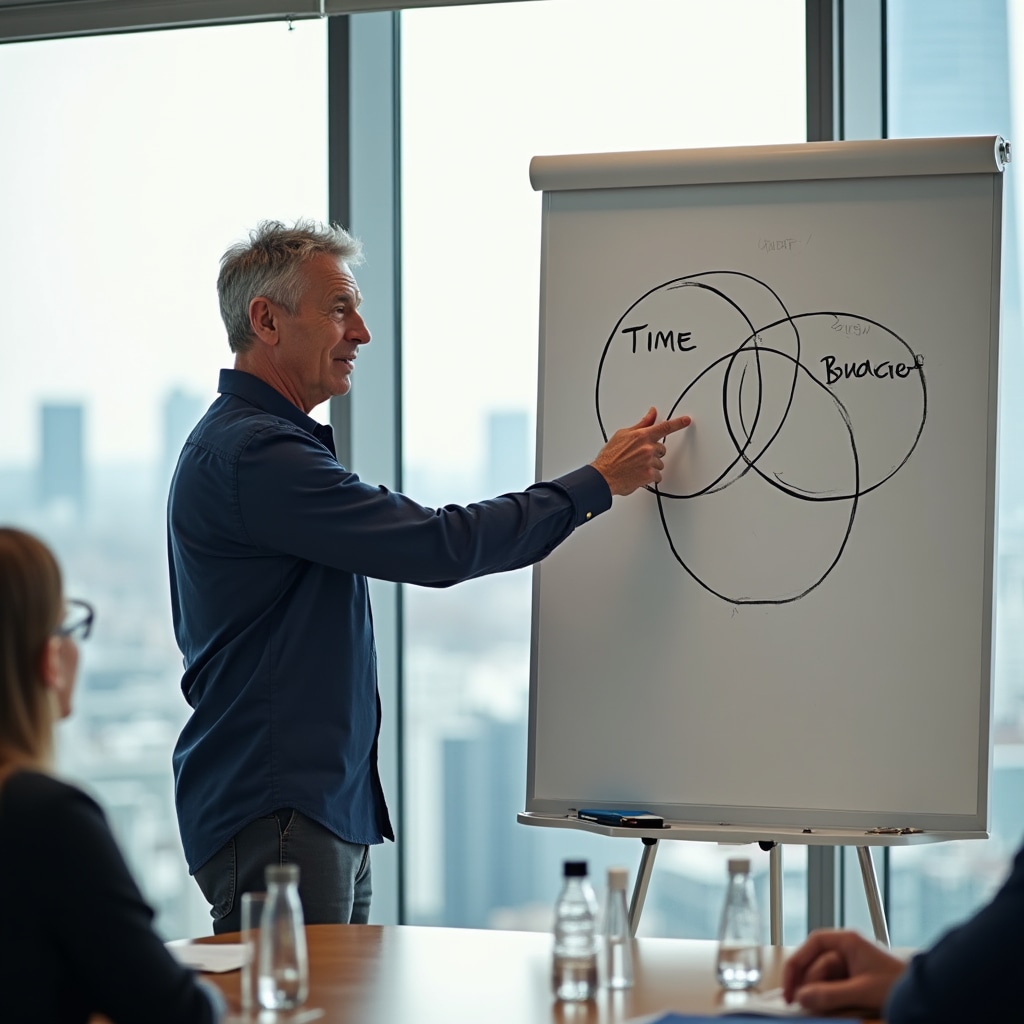 Instructor standing at a whiteboard drawing the connection between time blocks and budget categories during a session