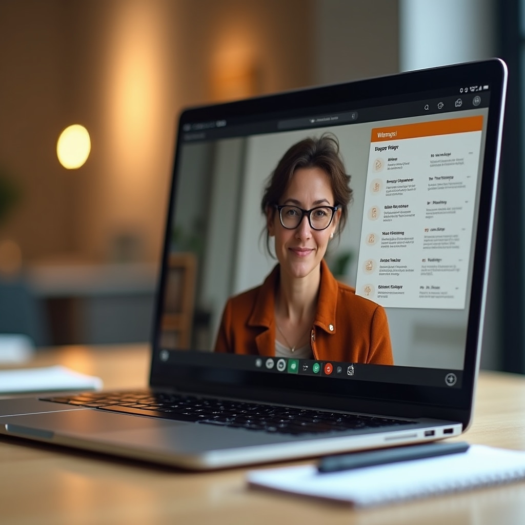 Laptop screen showing a live webinar interface with presenter video and slide content about weekly planning
