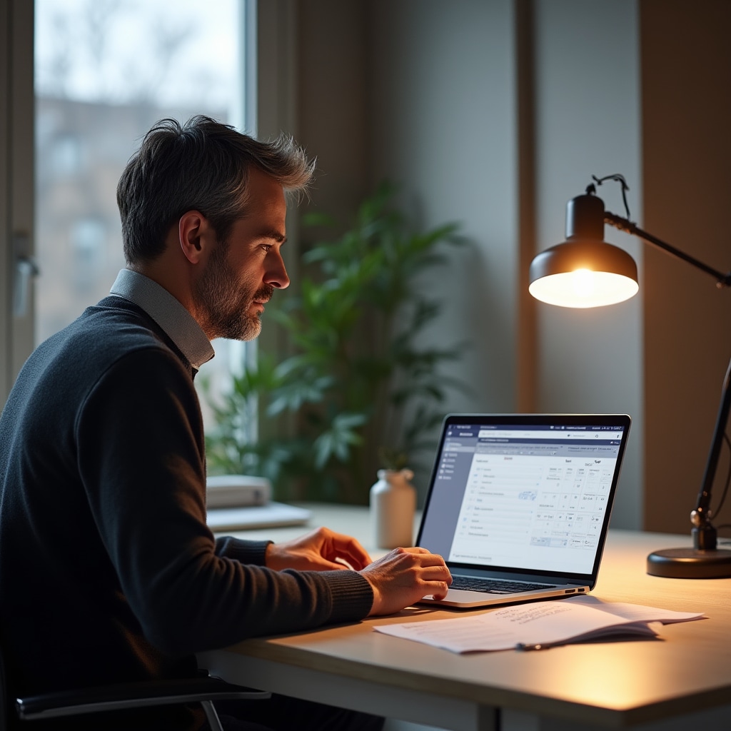 Person in their mid-forties conducting a weekly review on a laptop with a printed schedule and budget sheet beside them on a clean desk