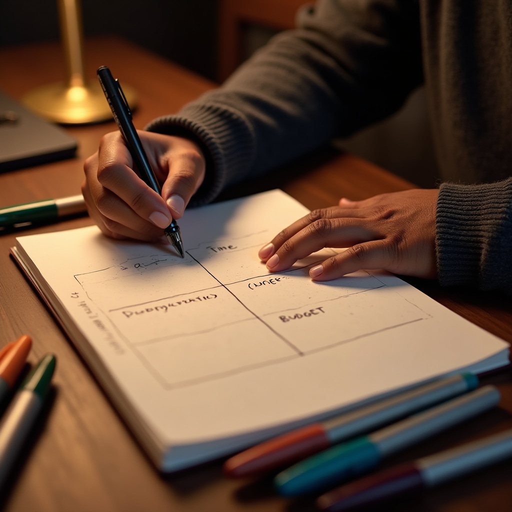 Close-up of a hand drawing a priority matrix on paper, with colored markers beside the notebook