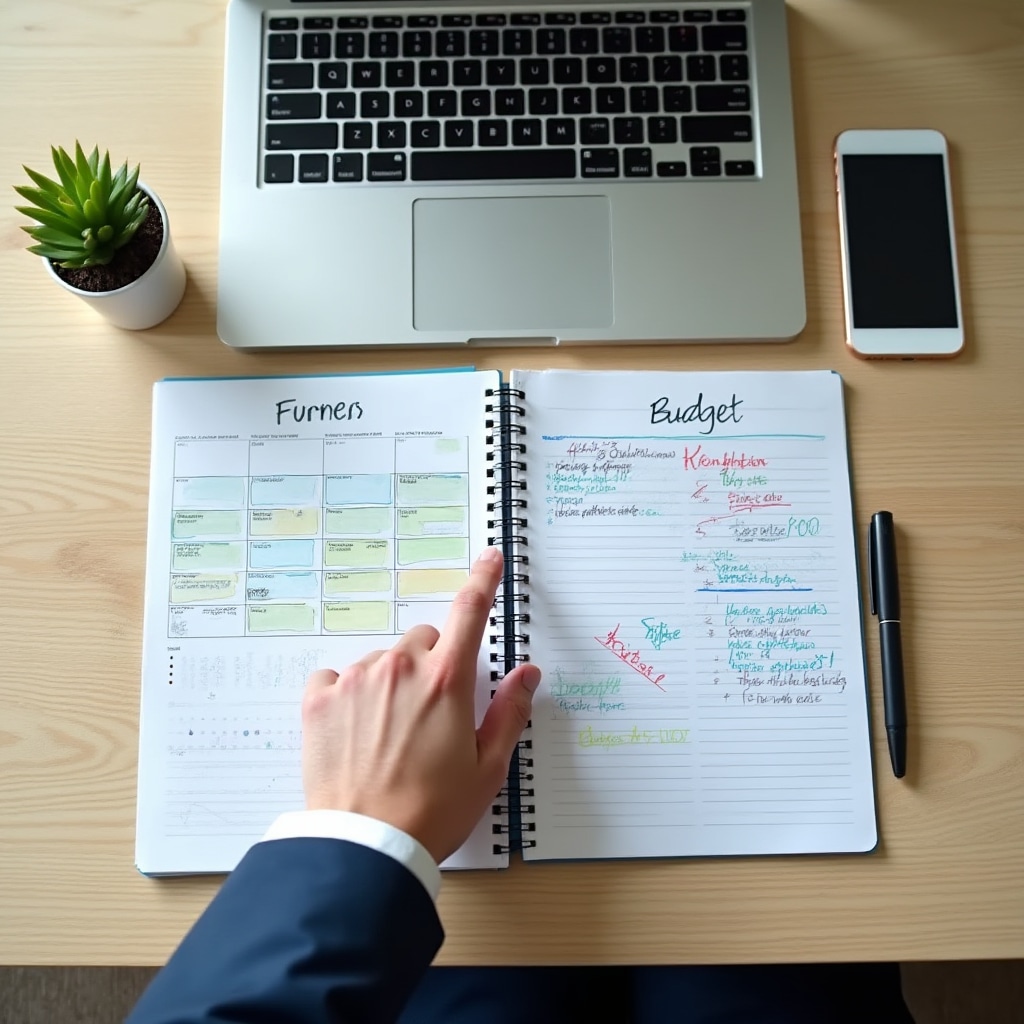 Split view showing a weekly calendar on one side and a budget spreadsheet on the other