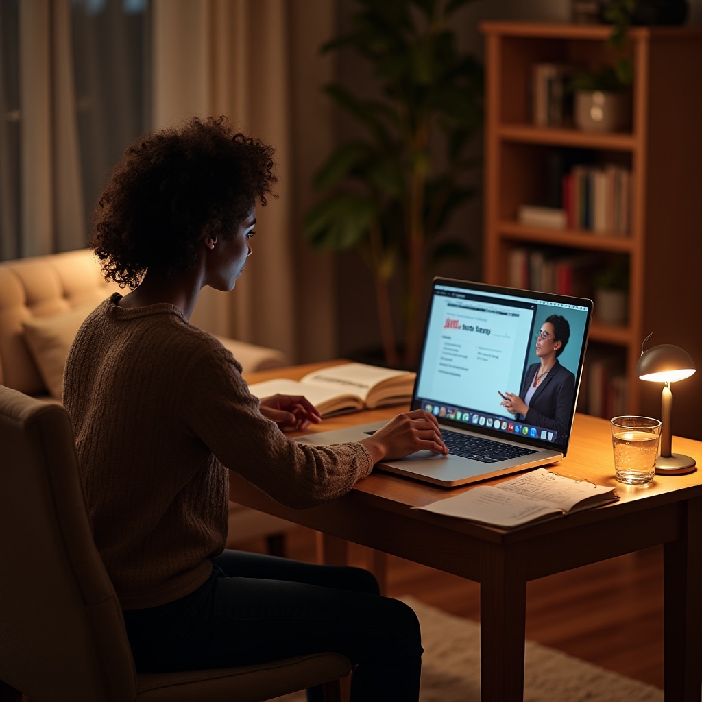 Participant taking handwritten notes during an online webinar on a laptop in a cozy home office