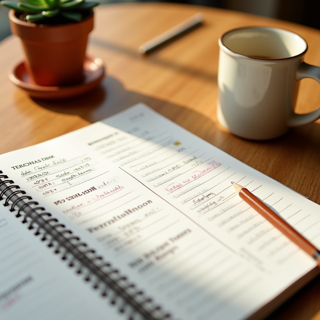 A weekly planning desk with a calendar, budget notebook and coffee mug