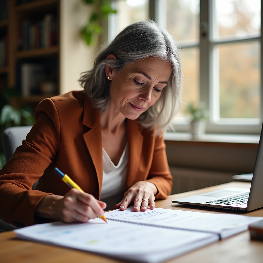 Person sitting at a wooden desk reviewing a printed weekly planner with a pen and highlighter